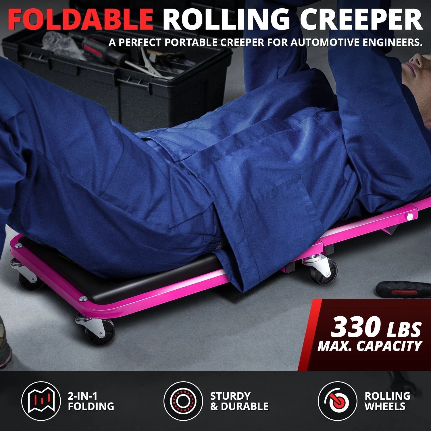 2-in-1 Rolling Creeper for Universal Fit (36" x 17" x 5", 330lbs Capacity)
