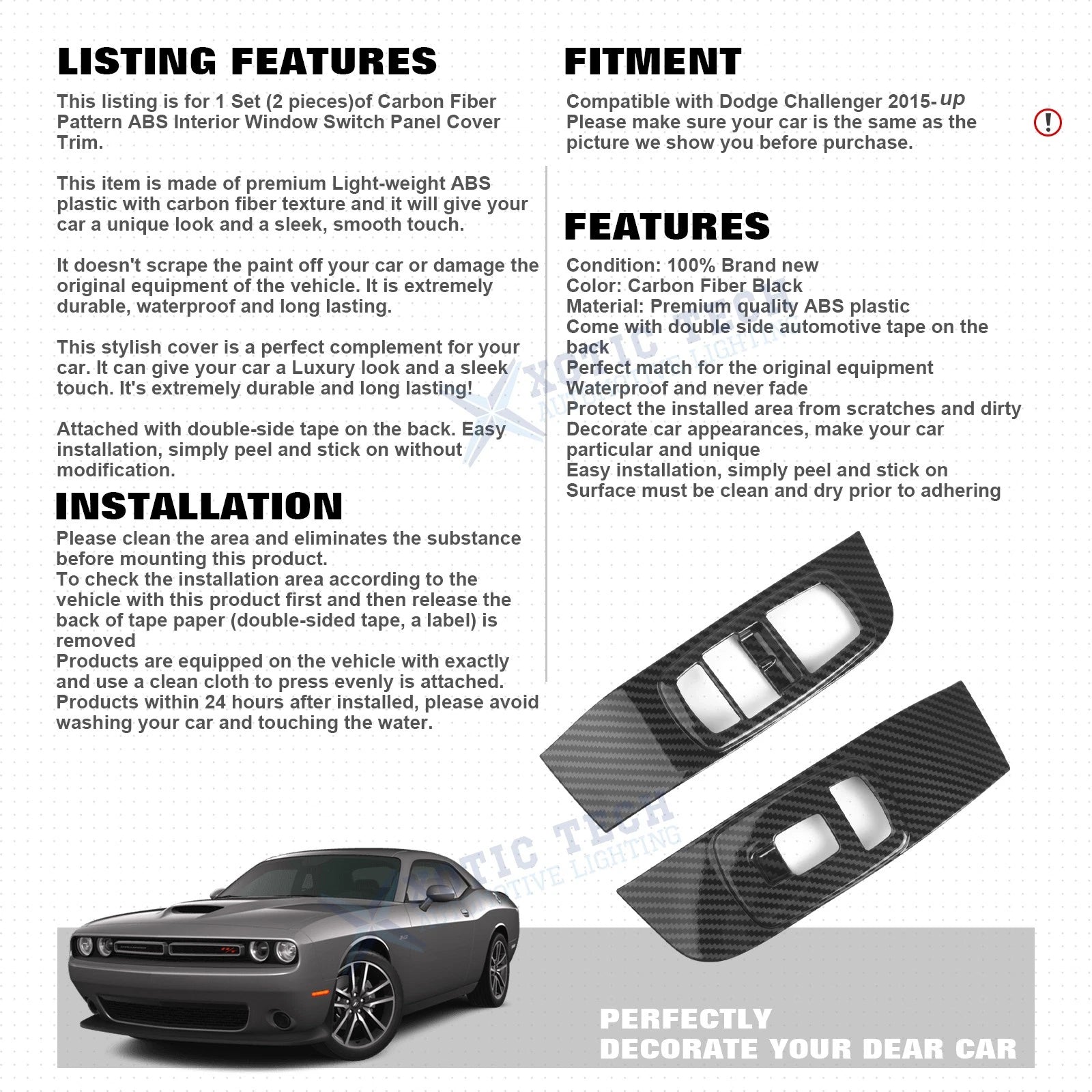 Carbon Fiber Look Door Window Lift Button Panel Trim for Dodge Challenger (2015-2023)