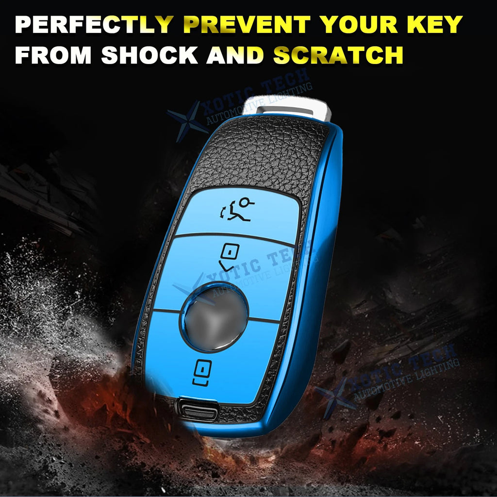 TPU Leather 360 Protection 3-Button Blue Remote Key Cover for Mercedes E S (2019-2025)