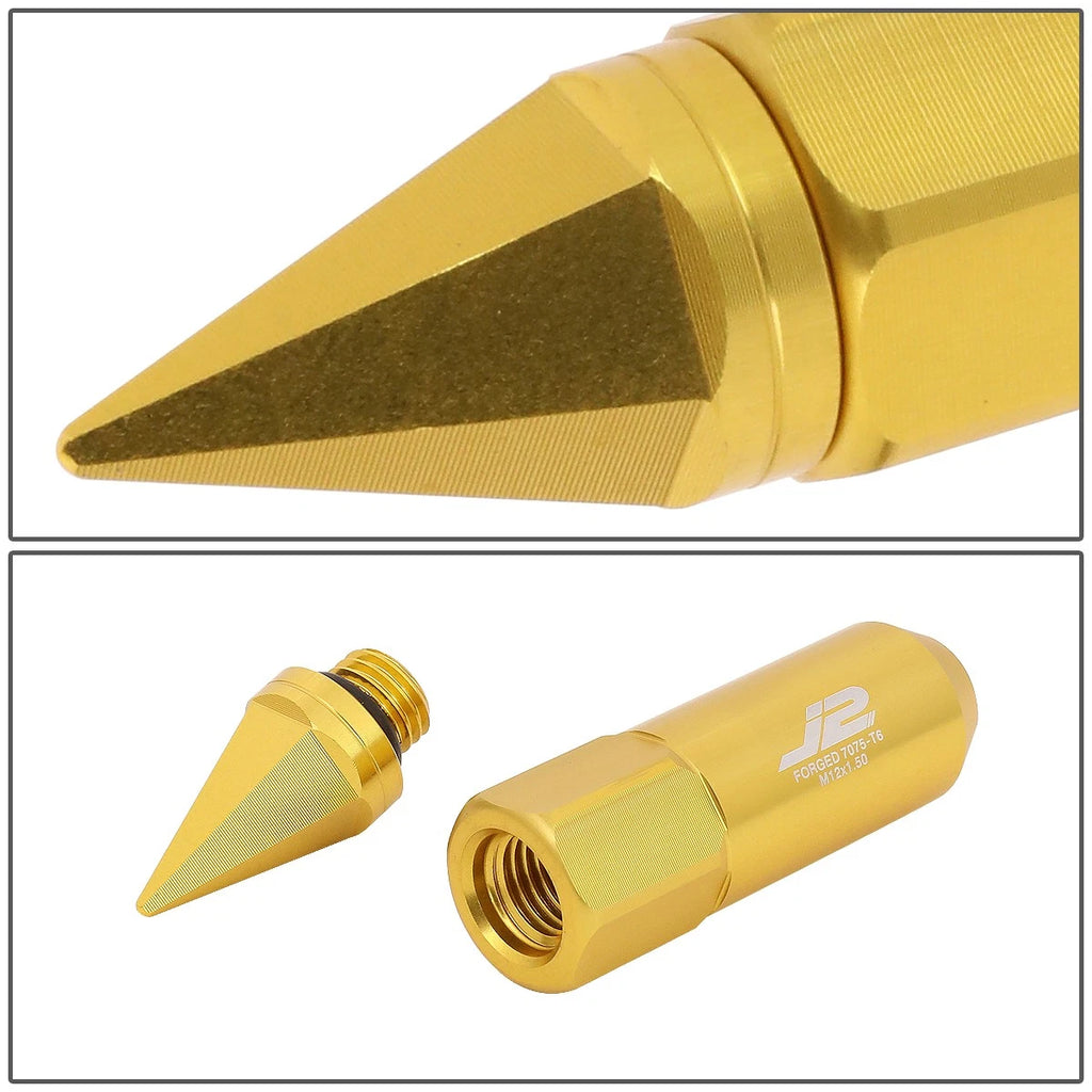 Set of 20 J2 7075 Forged Aluminum M12x1.5 Spiky Cap Lug Nuts w/Adapter Gold