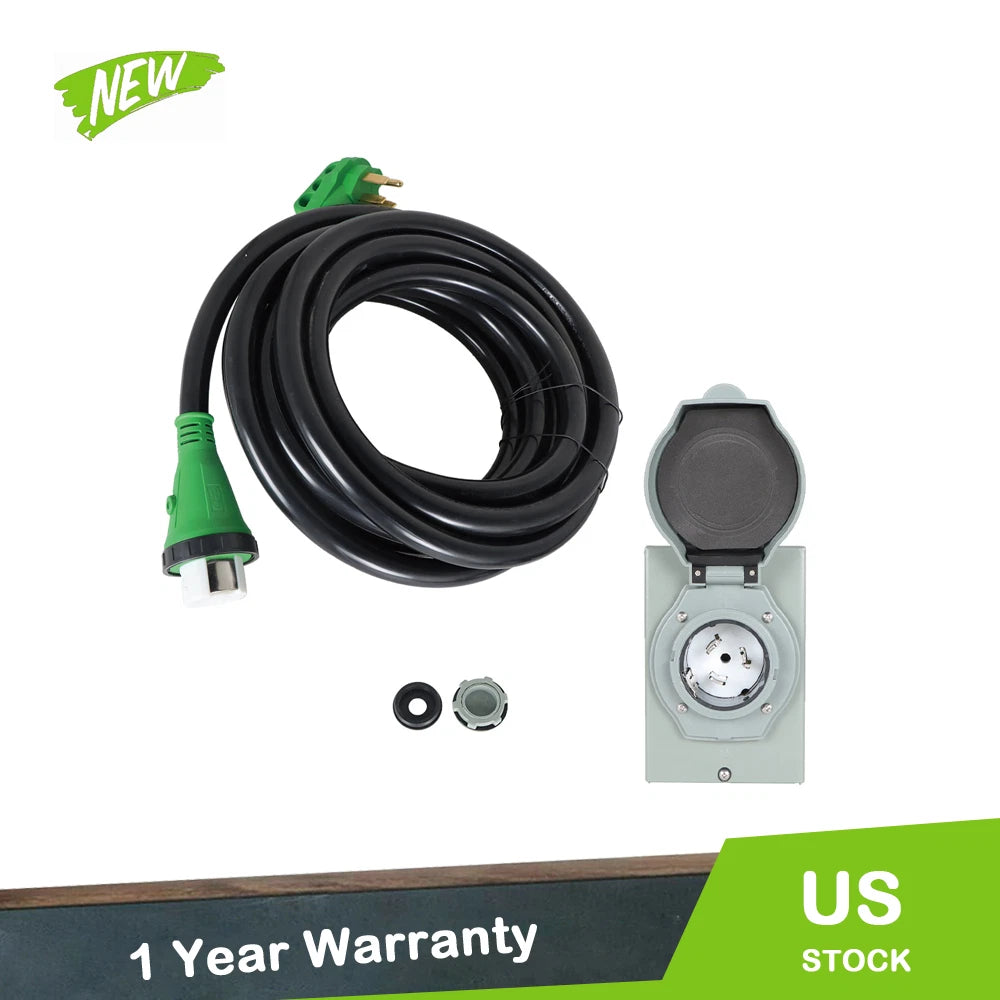 3 Prong Power Inlet Box + 50 Amp Locking RV Extension Cord (125V/250V)