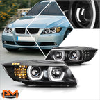 LED U-Halo + Turn Signal Projector Headlight Pair for BMW 3-Series E90 (2005–2008)