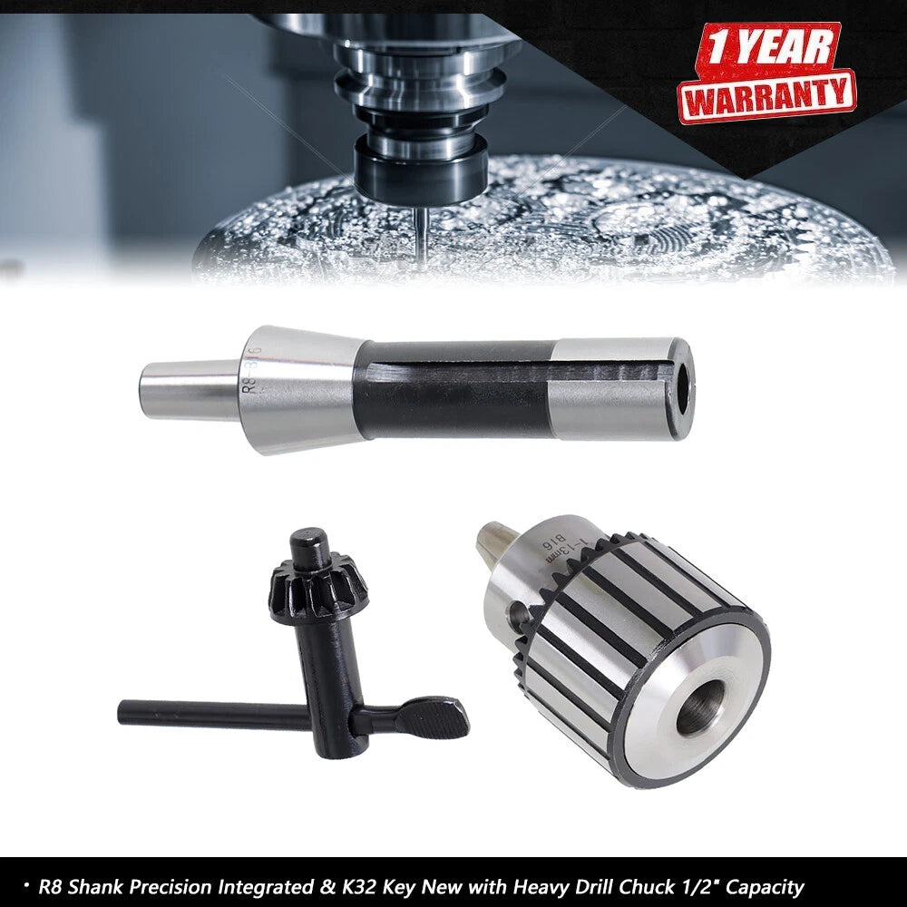 Drill Chuck with R8 Shank for Precision Tools (1/2" Capacity)