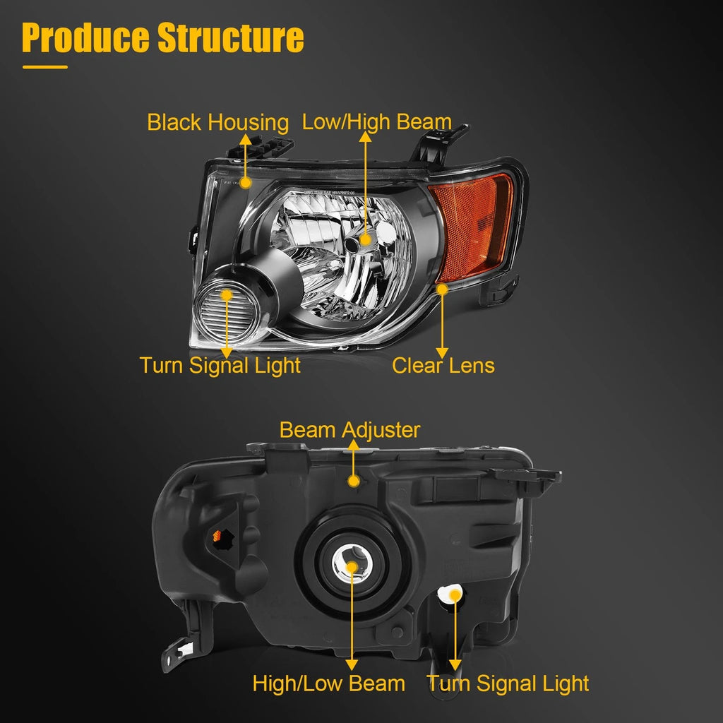 Set of 2 Black Headlight Assemblies for Ford Escape (2008–2012)