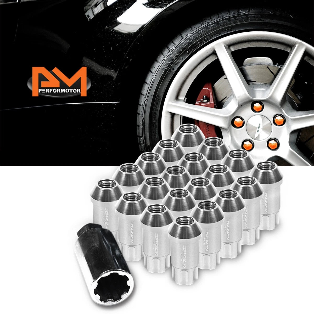 20Pc M12X1.5 Silver JDM Open End Aluminum Spline Wheel Lug Nuts + Key