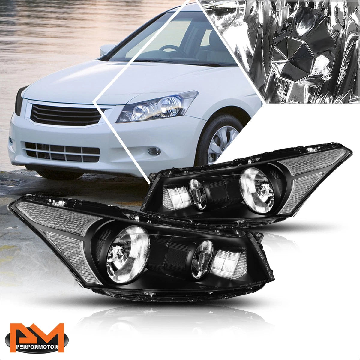 Headlight Set for Honda Accord Sedan (2008–2012) Black Housing Clear Signal