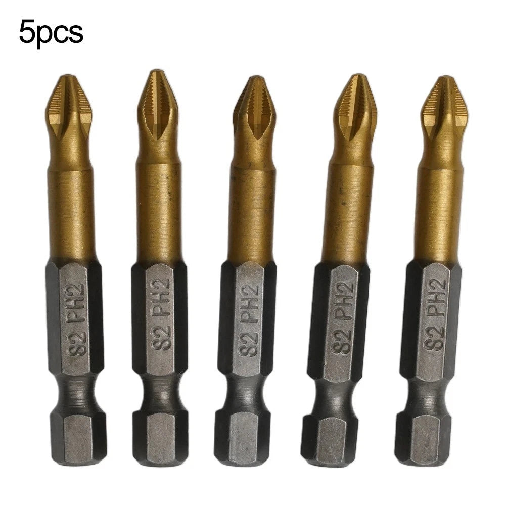 5PCS PH2 50mm Coated Electric Screwdriver Bit 1/4in Hex Shank