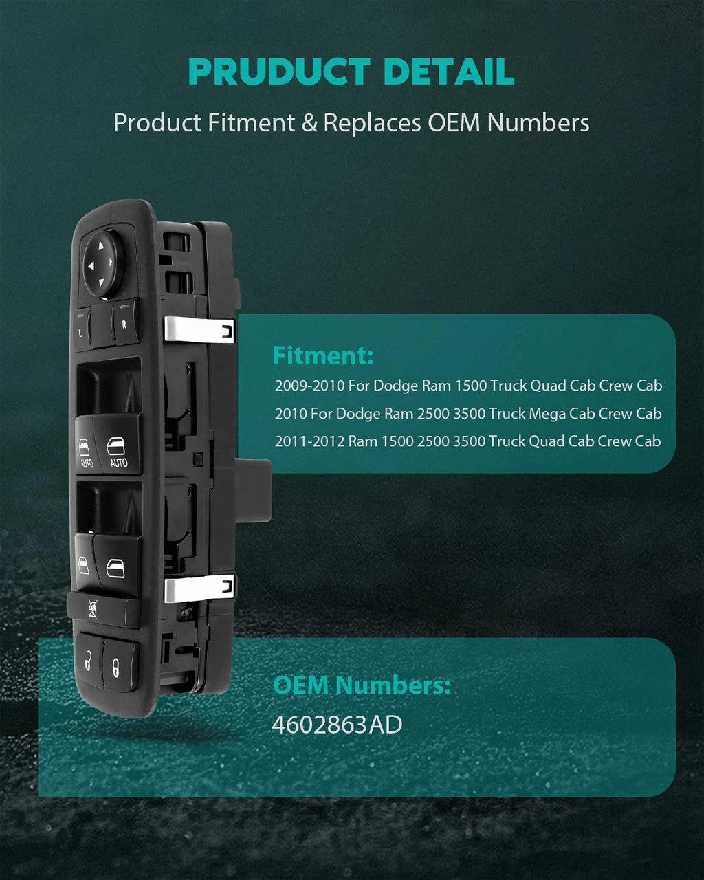 Front Driver Side Master Power Window Switch for Ram 1500 2500 3500 (2011–2012)
