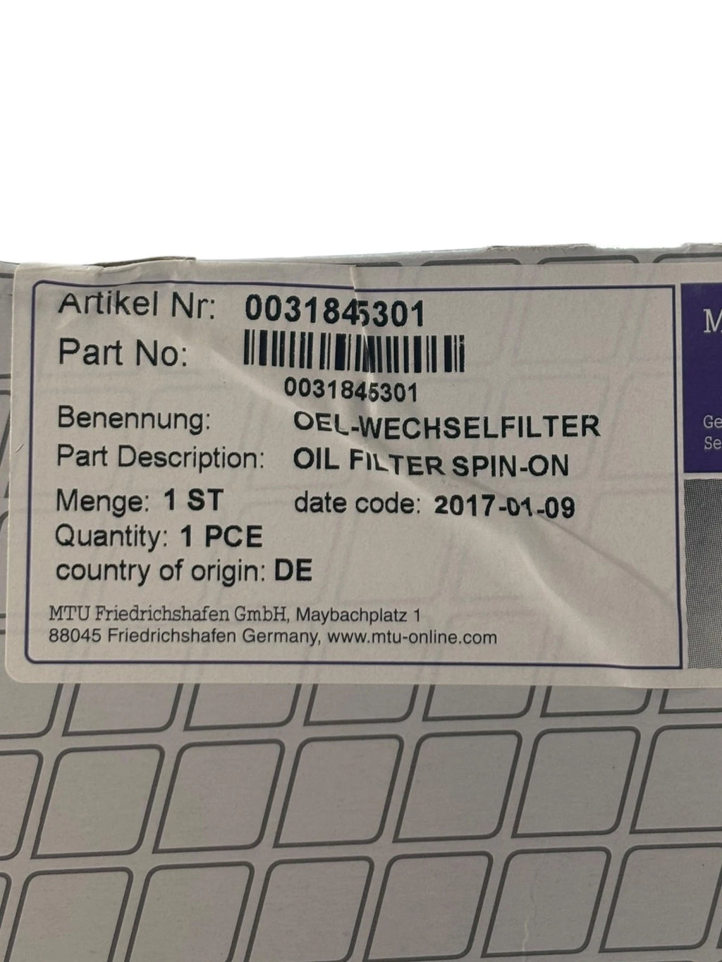 Spin-on Oil Filter for MTU ValueCare 0031845301