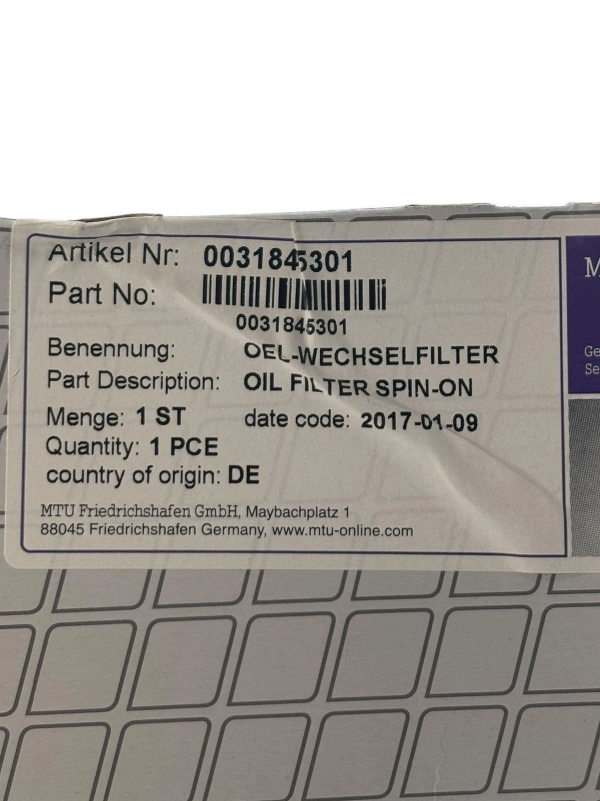 Spin-on Oil Filter for MTU ValueCare 0031845301