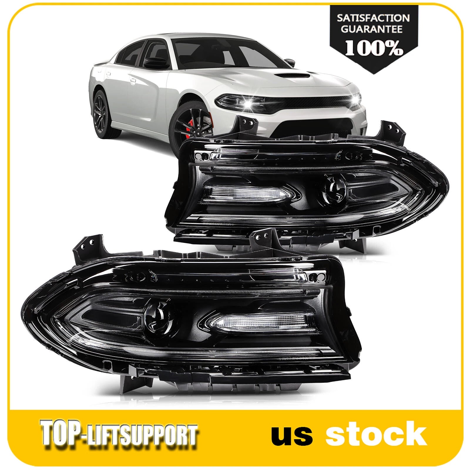 Pair Headlamp Headlights Assembly for Dodge Charger (2015–2023) Black Projector