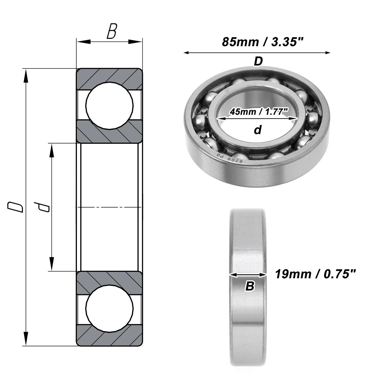6209 Deep Groove Ball Bearing for Scooter Skateboard Wheel (P0 45x85x19mm)