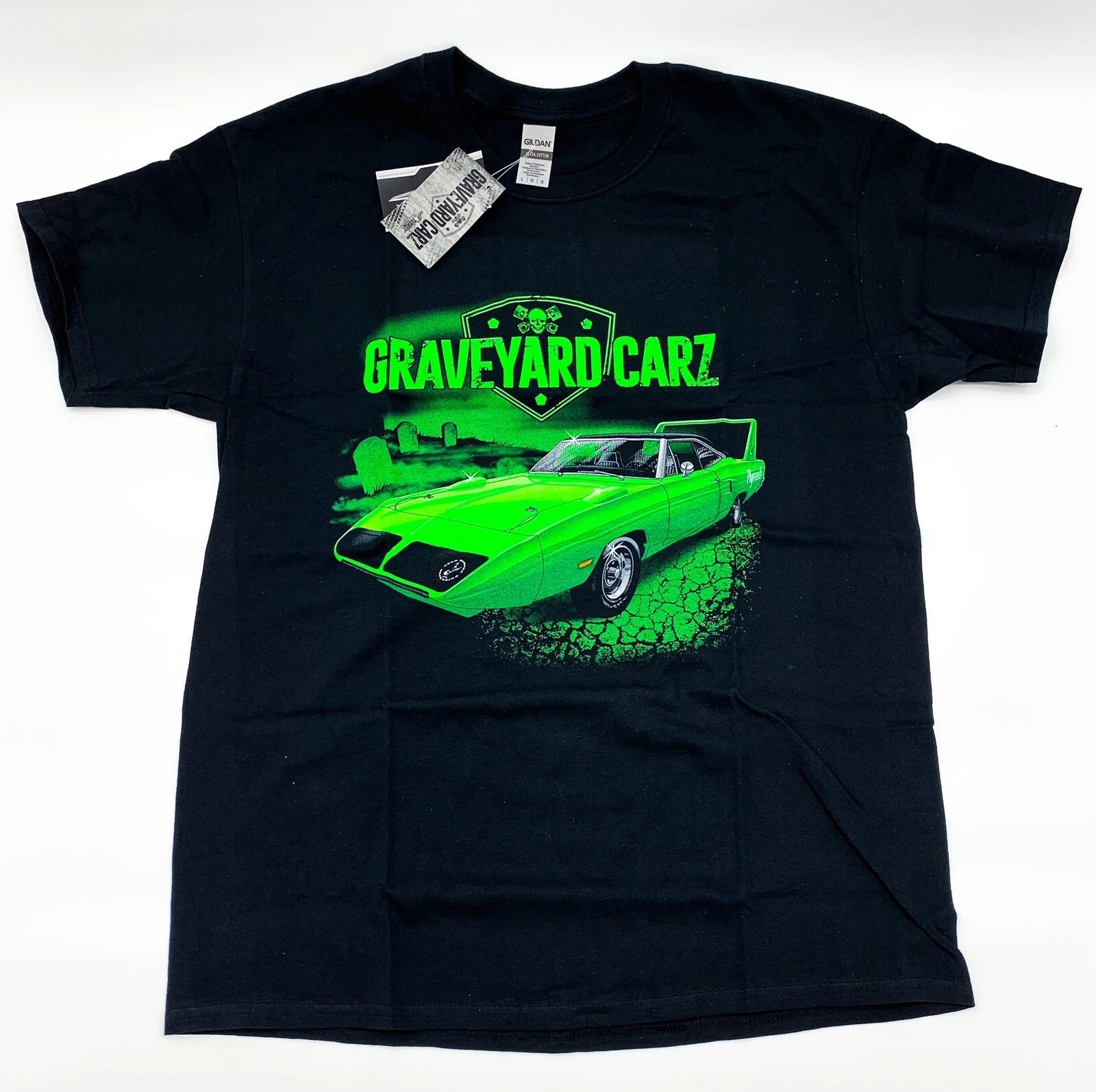 Licensed T Shirt for Plymouth Superbird Restored Black with Green (Road)