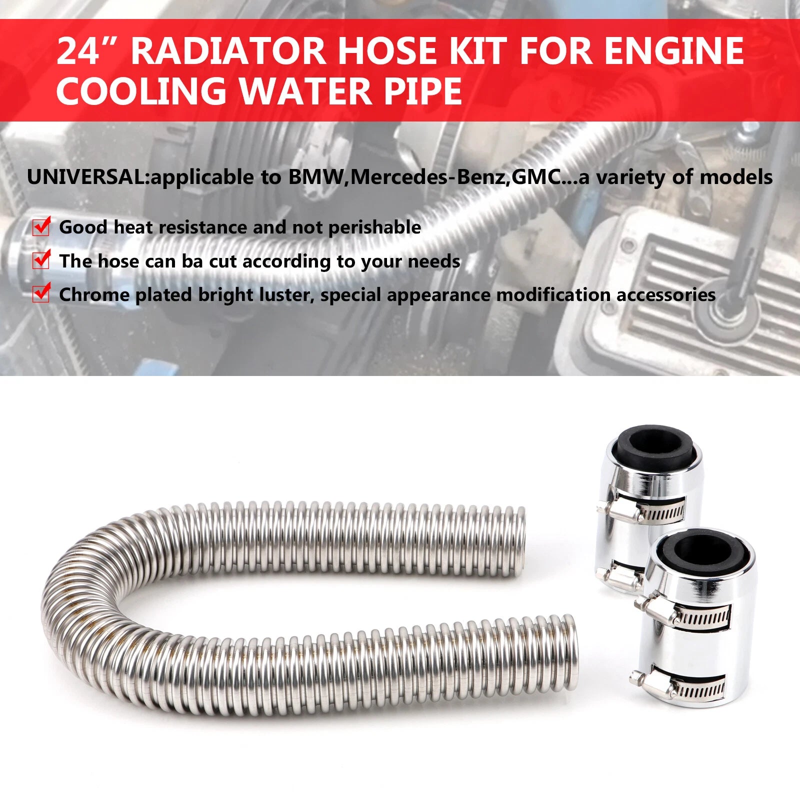 24" Stainless Steel Radiator Coolant Water Hose Kit Universal