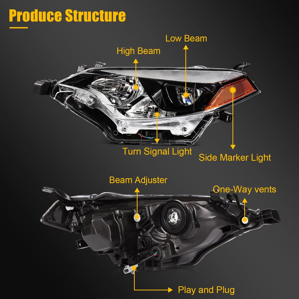 2X Headlight Assembly for Toyota Corolla (2014–2016) Black Amber