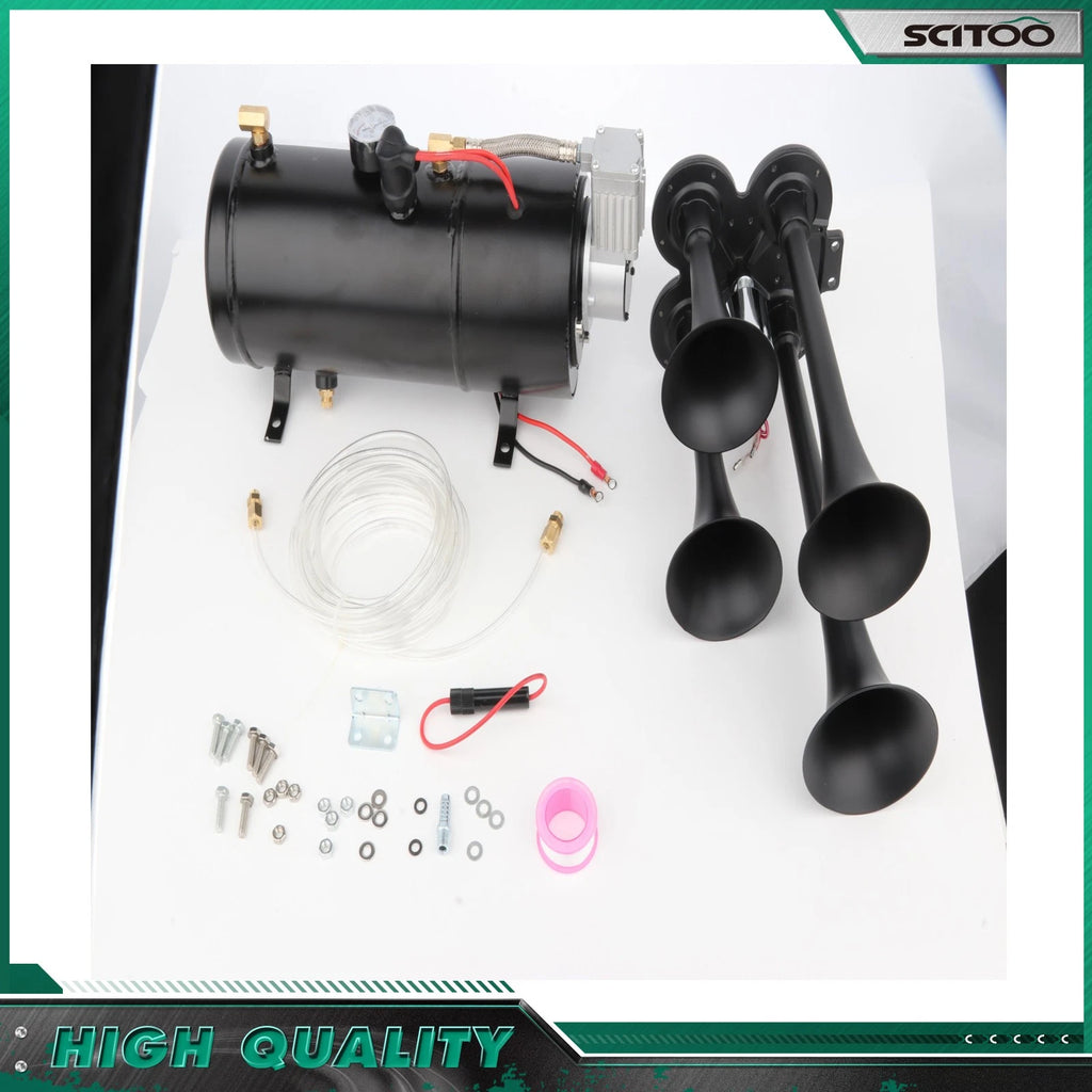 4 Trumpet Air Horn Kit for Car Truck (12V) - 150DB, Compressor, Black Tank