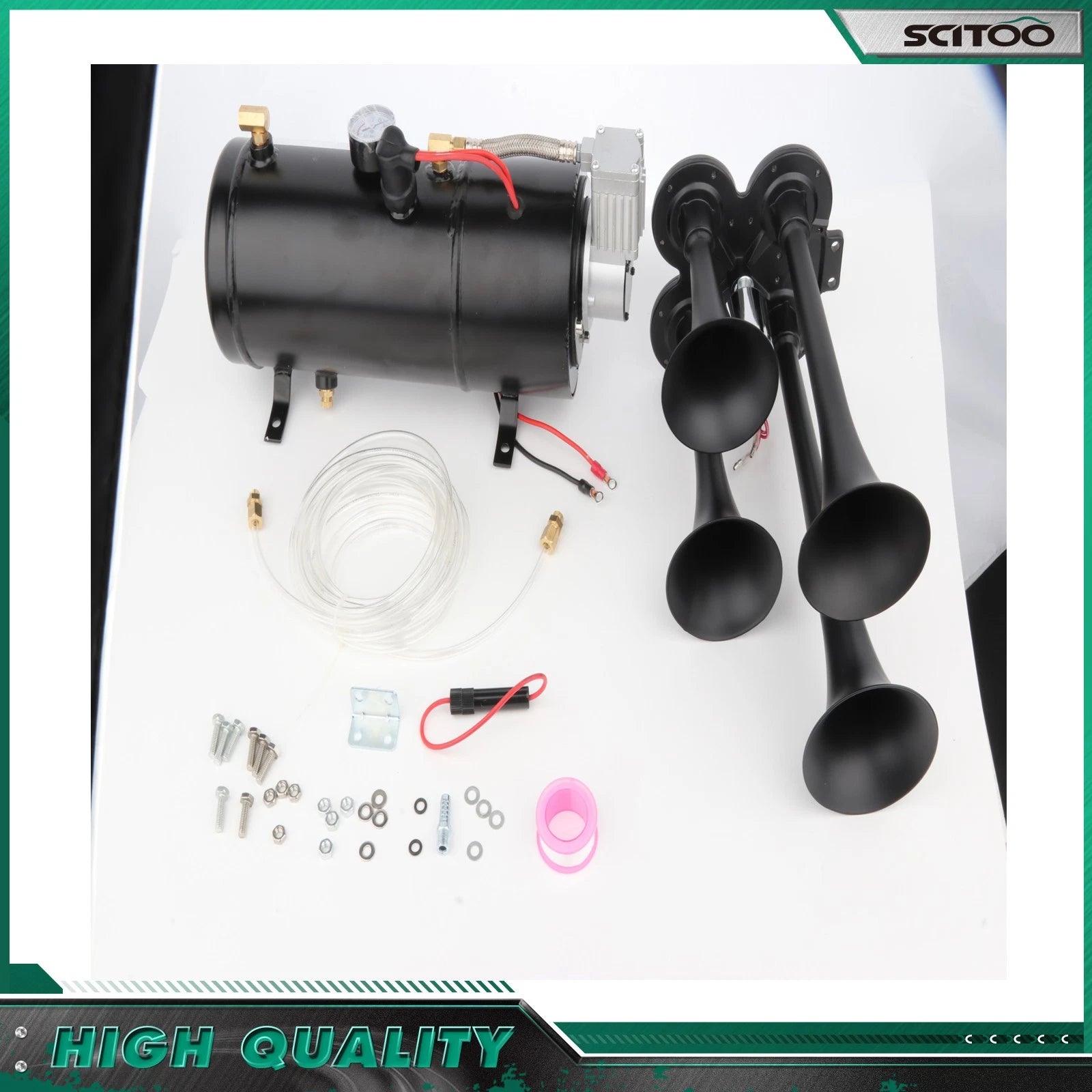 4 Trumpet Air Horn Kit for Car Truck (12V) - 150DB, Compressor, Black Tank