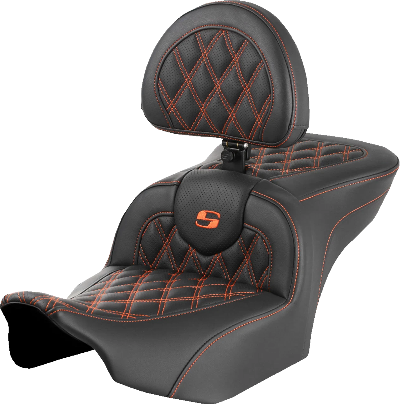 SADDLEMEN RoadSofa Seat with Backrest for Motorcycle (Lattice Stitch, Orange Stitch)