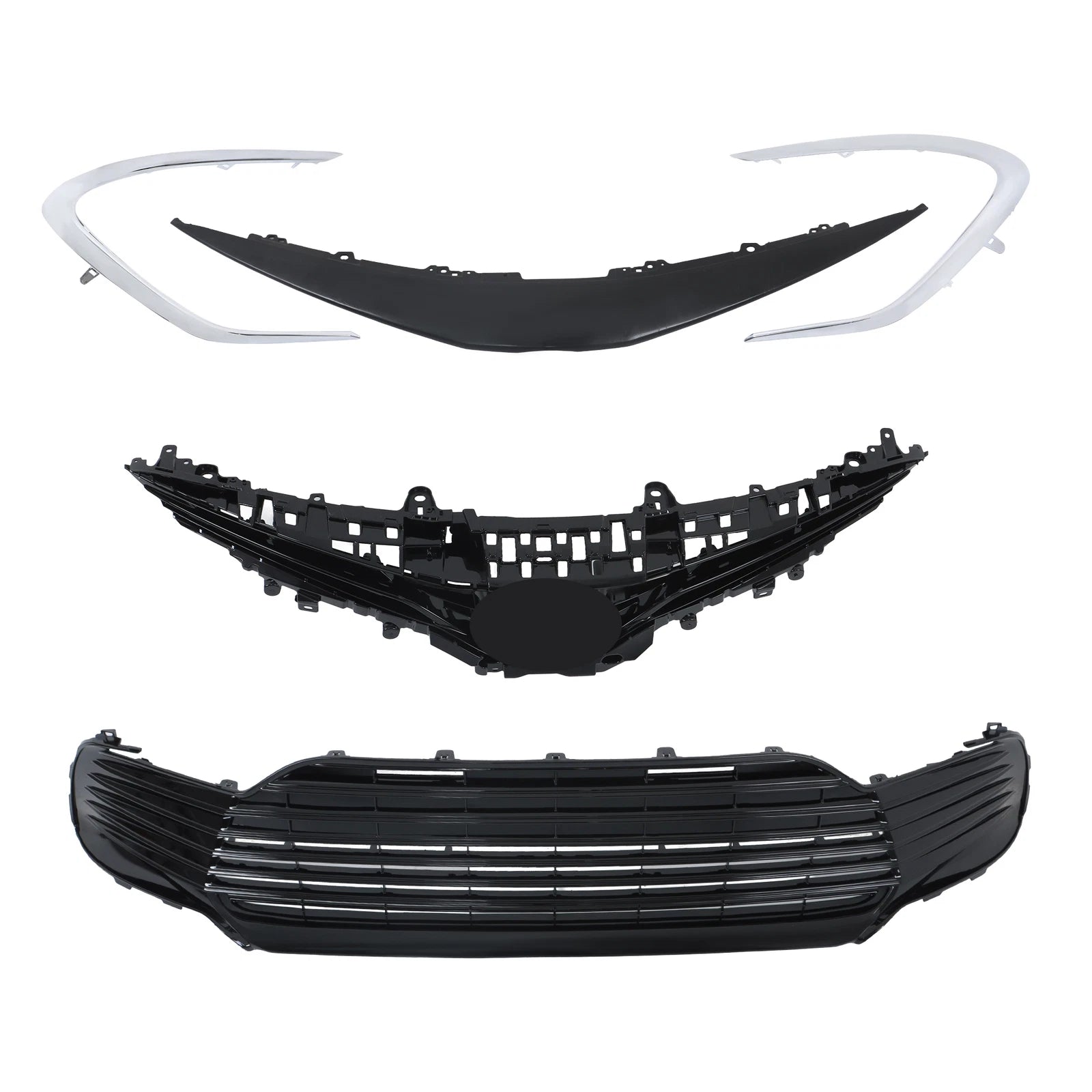 Set of 2 Front Upper Lower Grille Strip Trim for Toyota Camry (2021–2022) Gloss Black