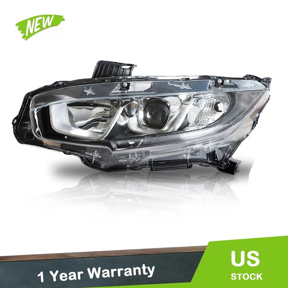 Driver Left Headlight for Honda Civic (2016–2018) Chrome Clear Lens Halogen