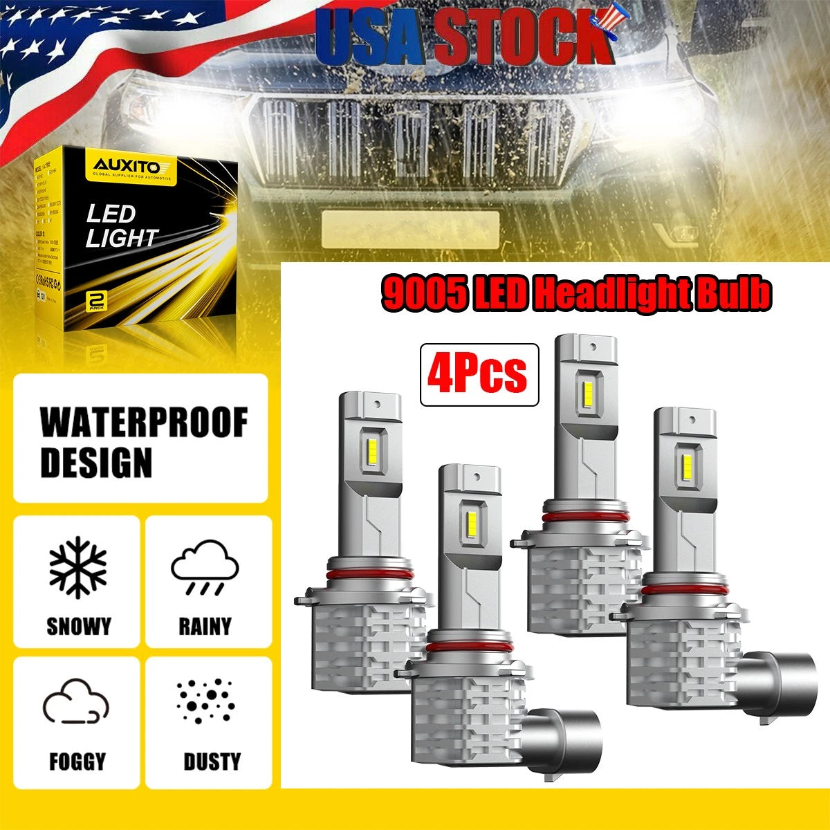 4Pcs 9005 HB3 LED Headlight Bulb 40000LM 200W Low High Beam for Vehicles