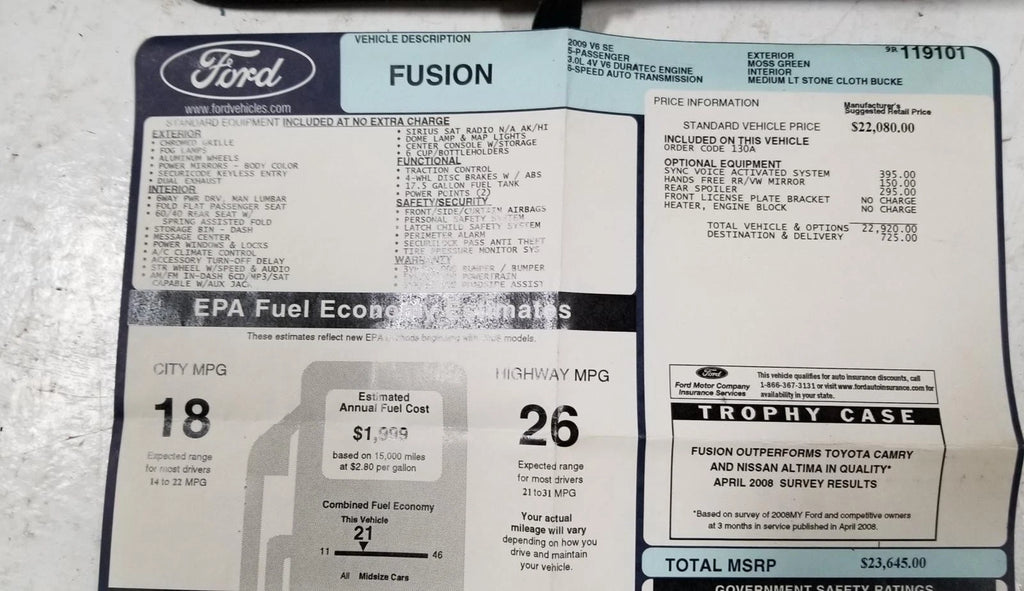 Original Dealer Window Sticker for Ford Fusion V6 SE (2009)