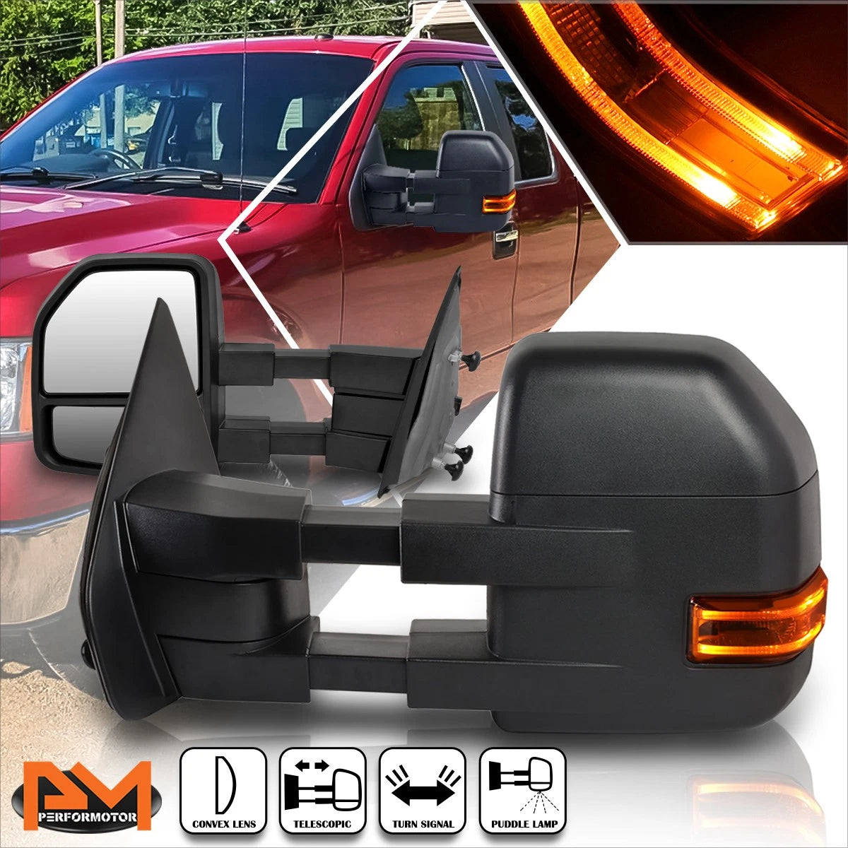 Set of 2 Manual Telescoping Towing Mirrors for Ford F150 (2004–2014) + LED Signal