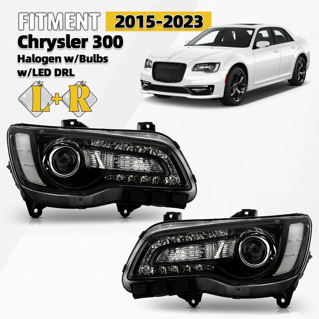 Halogen Headlight w/ LED DRL Projector Black Pair for Chrysler 300 (2015–2023)