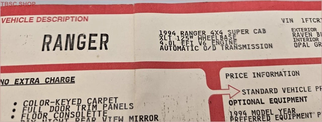 Original Dealer Window Sticker for Ford Ranger 4X4 1994 (C41853)
