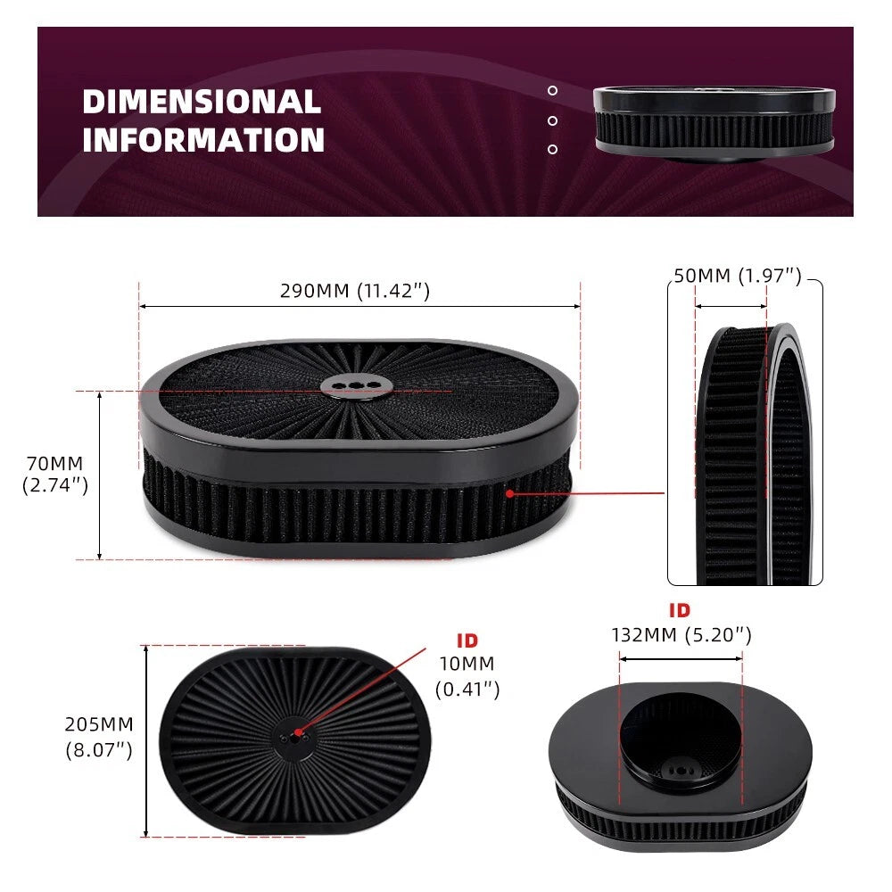 12" Oval Super Flow Thru Air Cleaner for Ford SBC (5-1/8 Carb Neck)