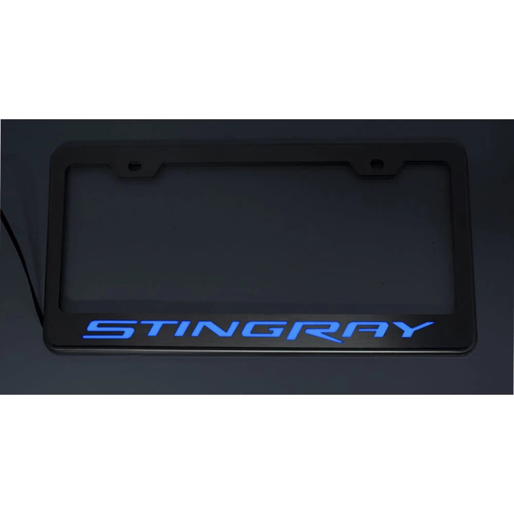 Polished Plate Frame w/Green LED&"Stingray"&Brushed Face for 2014-2017 Chevy
