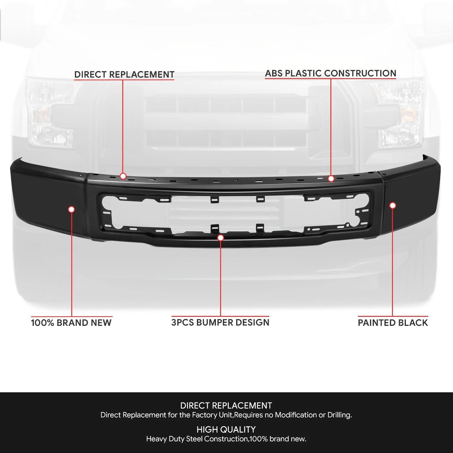 Front Bumper Face Bar for Ford F150 (2015–2017) Black Factory Style