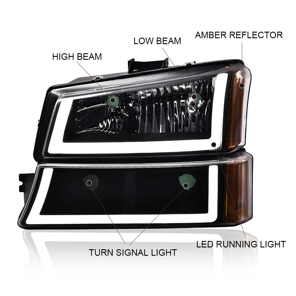 LED DRL Black/Amber Headlights for Chevy Silverado Avalanche (2003–2007)