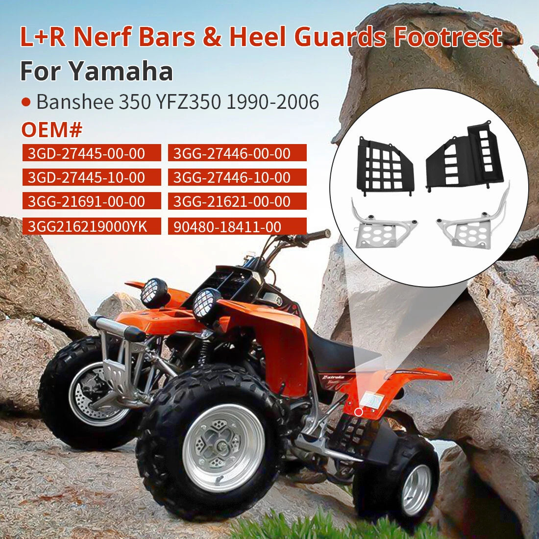 Heel Guards Footrest for Yamaha Banshee 350 (1990–2006) LH RH Nerf Bars