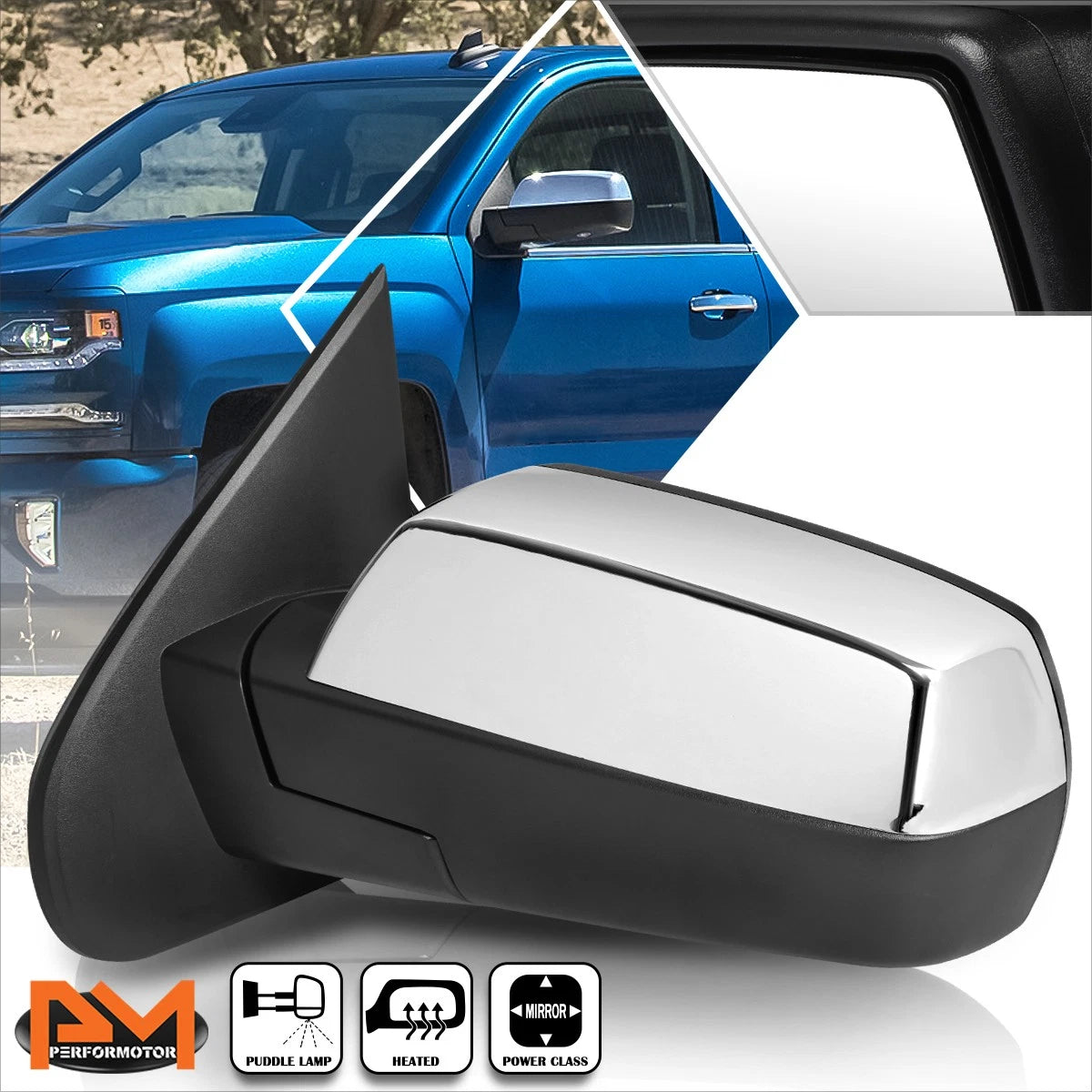 Left Side View Mirror for Chevy Silverado/GMC Sierra (2014–2018) Chrome, Heated