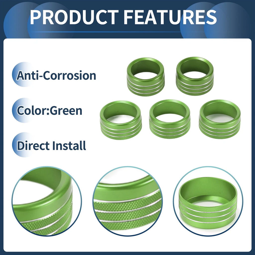 Set of 5 AC Media Volume Switch Knob Cover Rings for Dodge RAM (2018–2022) Green