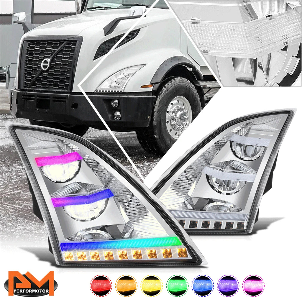 RGB LED DRL Bar Sequential Turn Signal Headlights for Volvo VNL VNR (2018–2024)