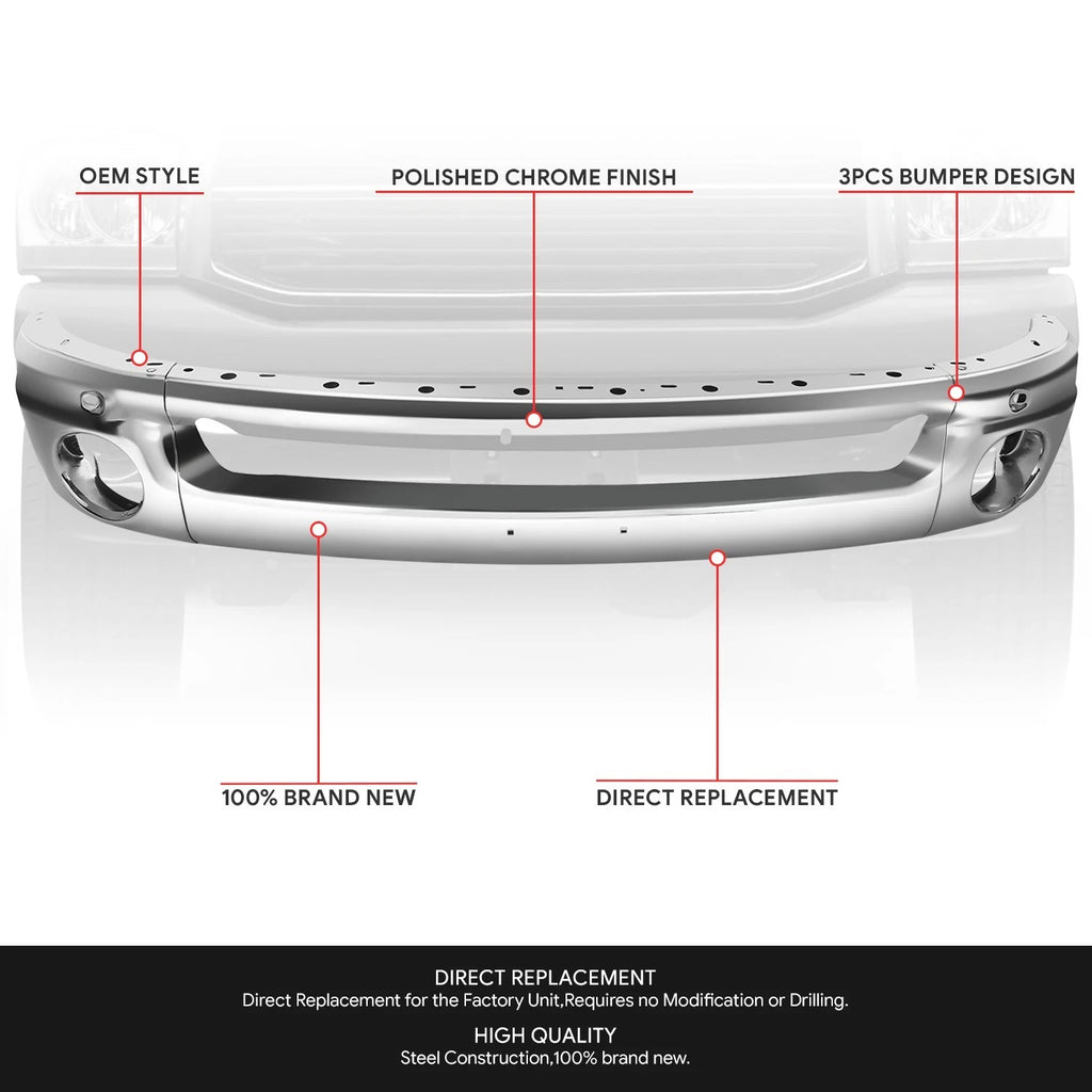 3-Piece Chrome Steel Front Bumper Face Bar for Dodge Ram 1500 2500 3500 (2002–2008)