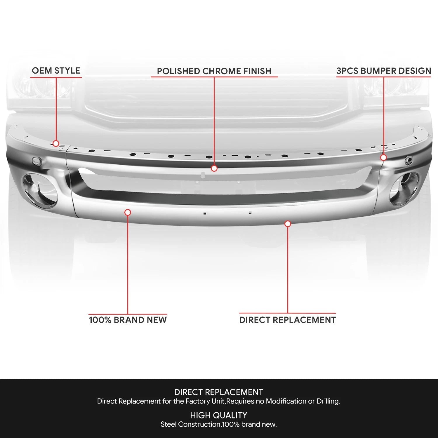 3-Piece Chrome Steel Front Bumper Face Bar for Dodge Ram 1500 2500 3500 (2002–2008)