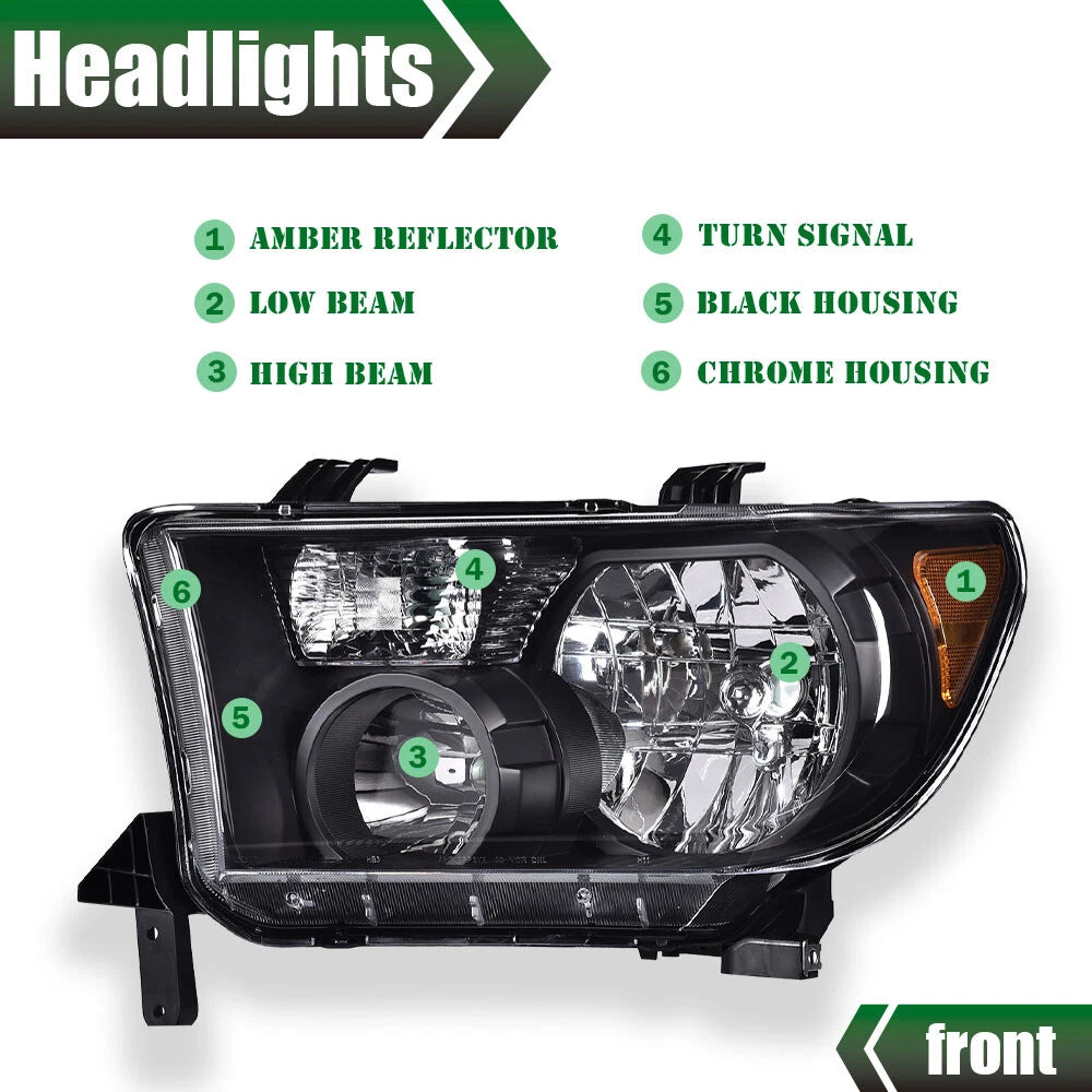 Black Chrome Headlights for Toyota Tundra, Sequoia (2007–2017)