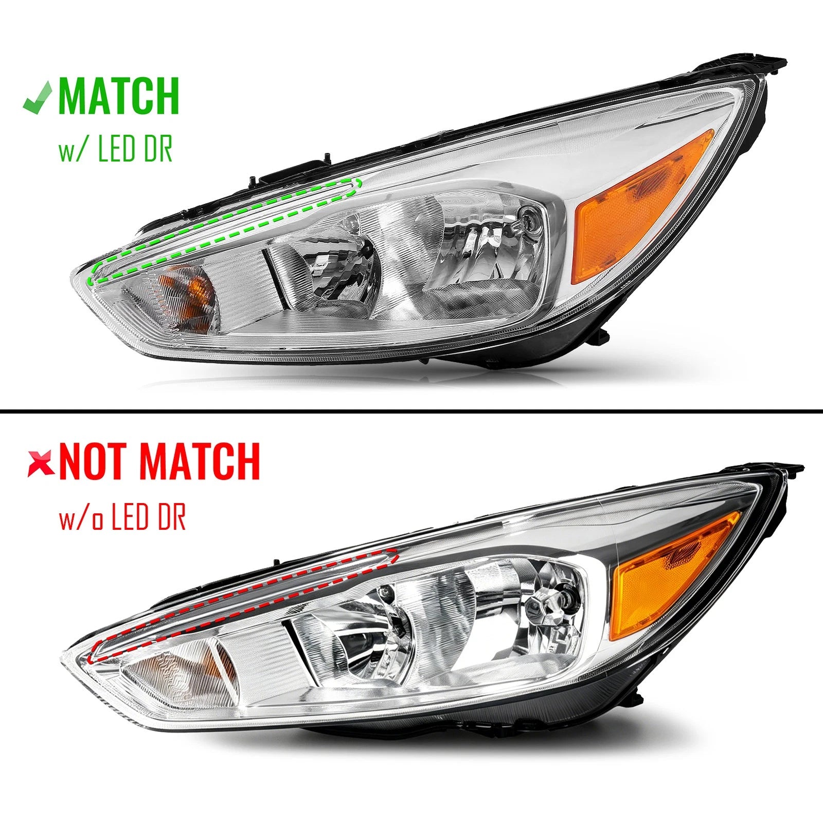 Halogen Headlight Assembly Chrome w/LED DRL Left for Ford Focus (2015–2018)