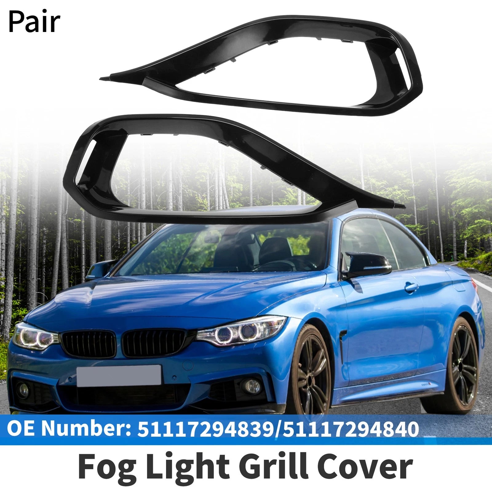 Fog Light Grill Set of 2 No.51117294839/51117294840 for BMW 428i (2014–2016) Black ABS