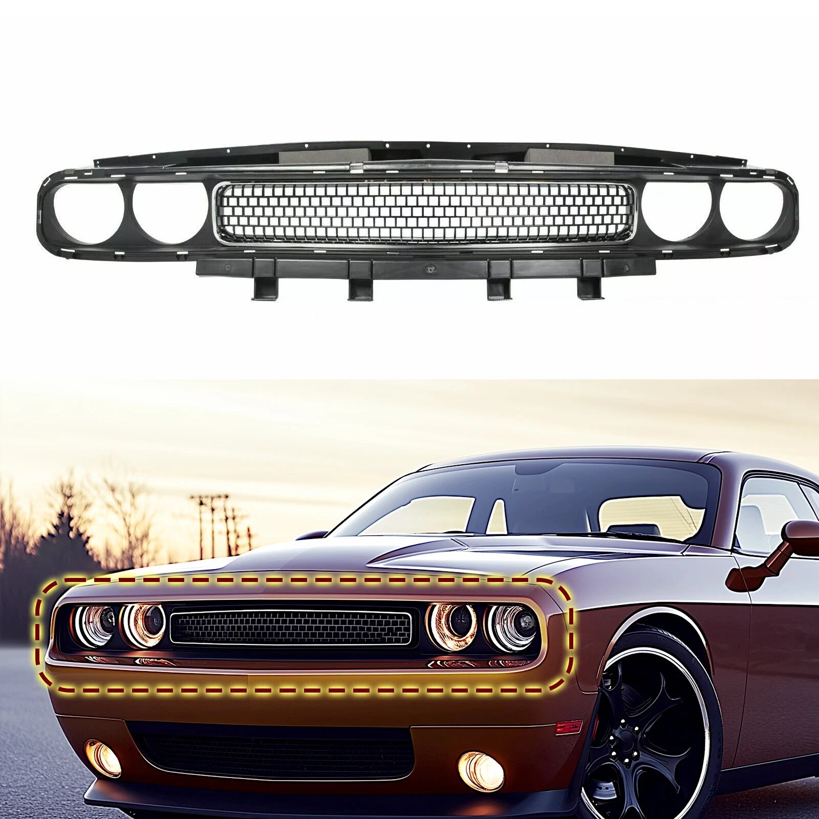 Front Bumper Grille for Dodge Challenger (2008–2014) Black with Chrome Trim