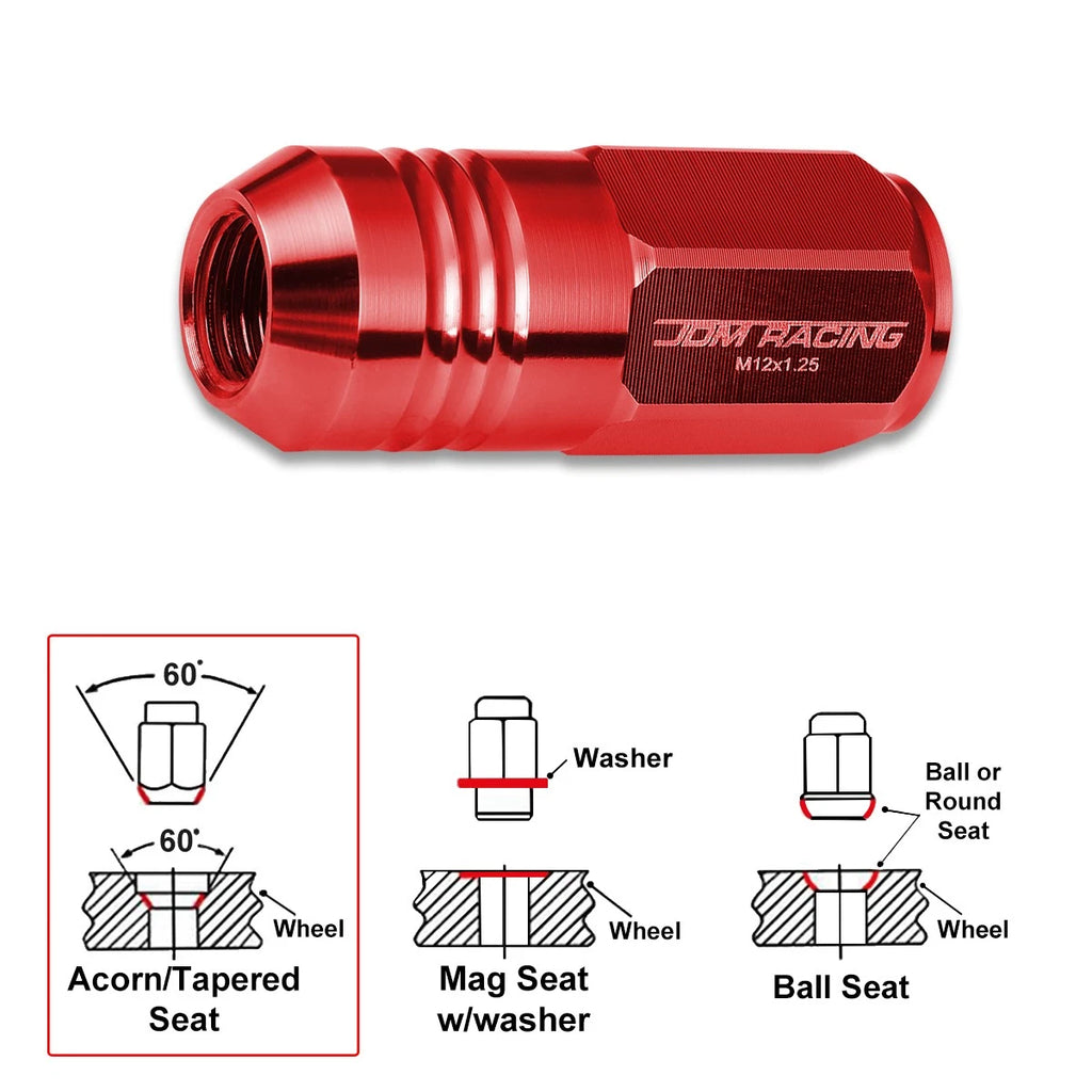 Set of 20 M12X1.25 Red Closed End Cone Hex Wheel Lug Nuts + 20mm Extension