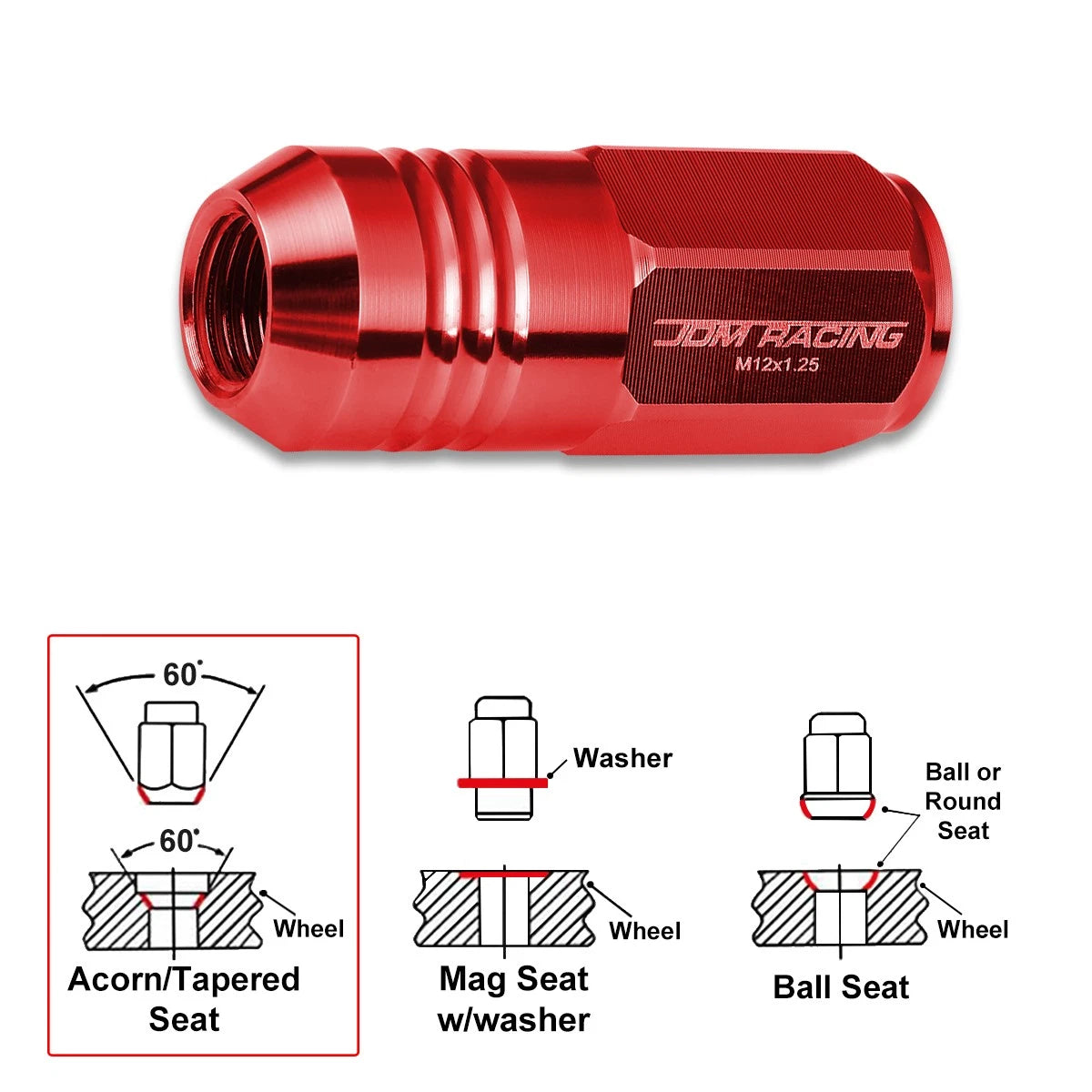 Set of 20 M12X1.25 Red Closed End Cone Hex Wheel Lug Nuts + 20mm Extension