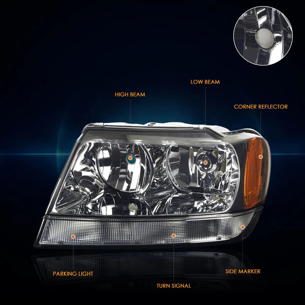 Smoked Housing Headlight & Amber Side Corner Lamp for Jeep Grand Cherokee WJ (1999–2004)
