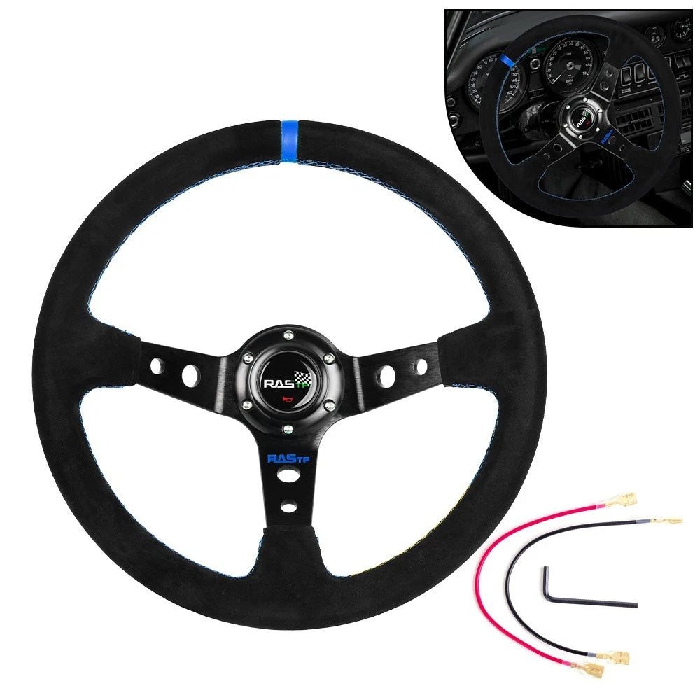 14" 350mm Deep Dished Suede Steering Wheel + Quick Release Hub Kit for Racing