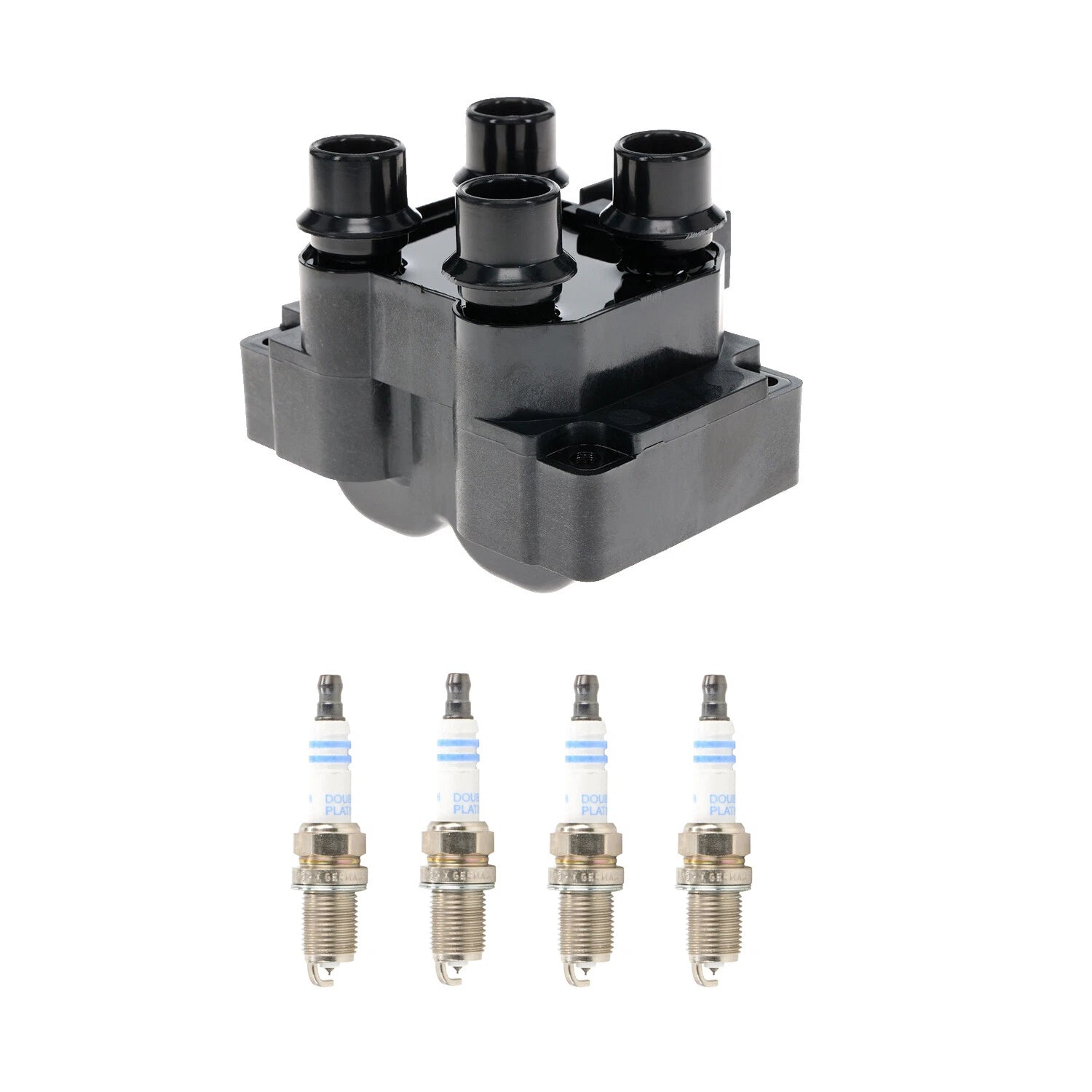 Set of 4 Hitachi Ignition Coils & Bosch Double Platinum Spark Plugs for Mazda 626 (1998–2002)