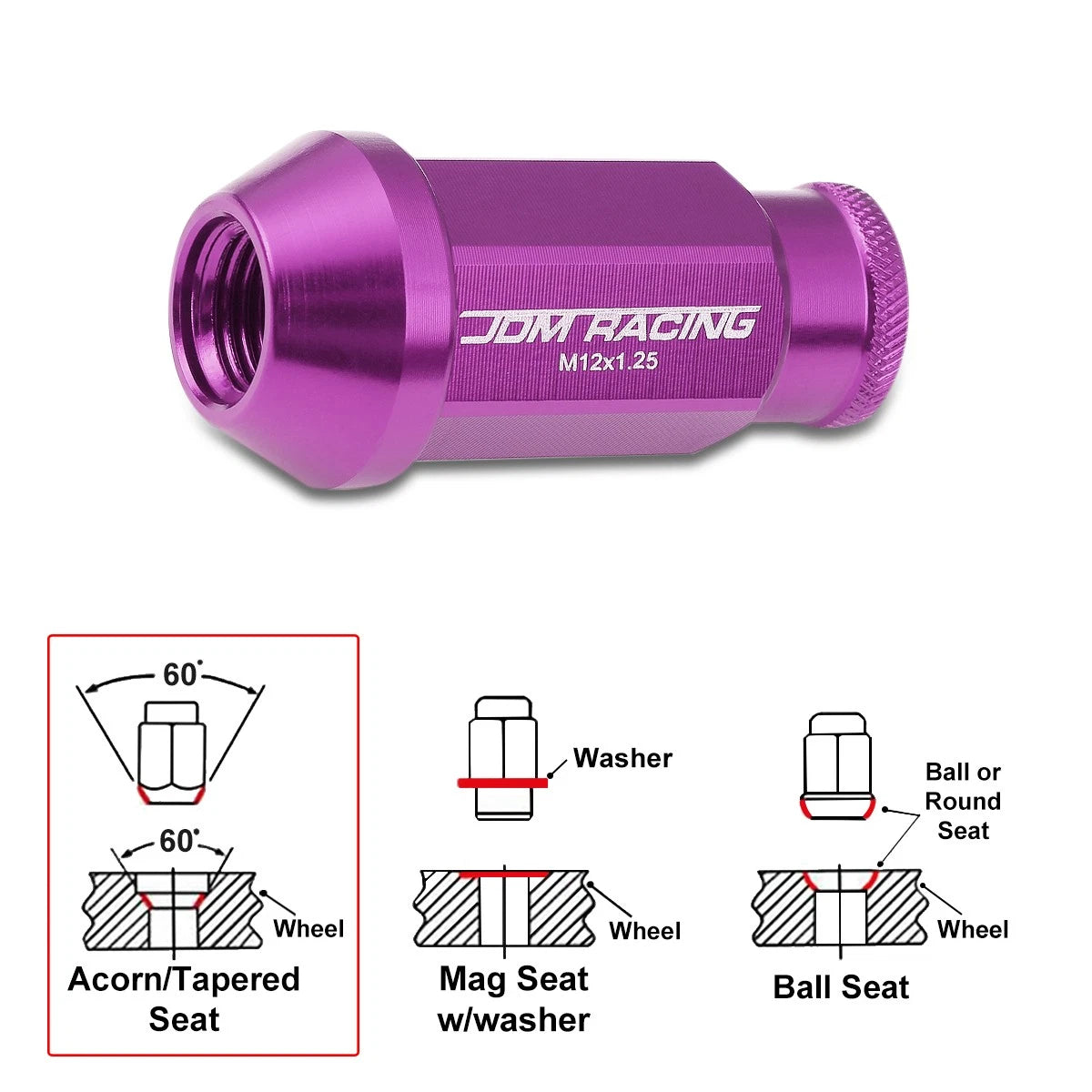 20Pc M12X1.25 Purple JDM Open-End Acorn Hex Wheel Lug Nuts + Extension 25mmx50mm