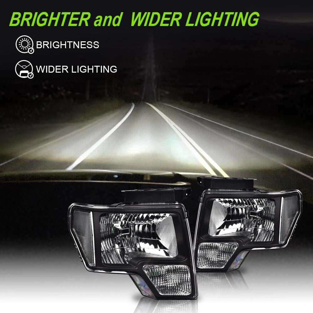 Clear Corner Black Housing Headlights for Ford F150 (2009–2014)